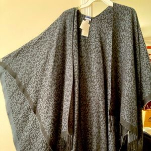 Black leopard skin print fringed poncho